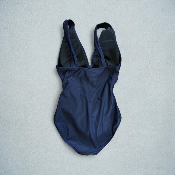 J Crew One Piece Swimsuit Womens Size 10 Navy Blue Ruched Tank Bathing Plunge - Picture 2 of 5